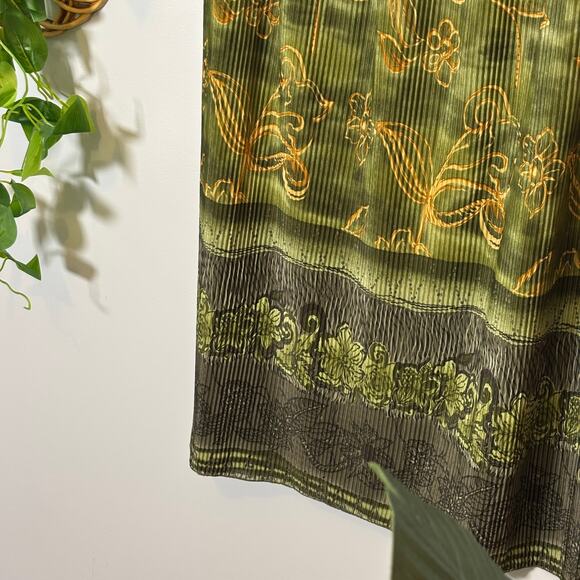 Vtg Fairycore Maxi Skirt Olive Gold Leaf Print Flowy Crinkle Whimsy Dark Autumn - Picture 6 of 8